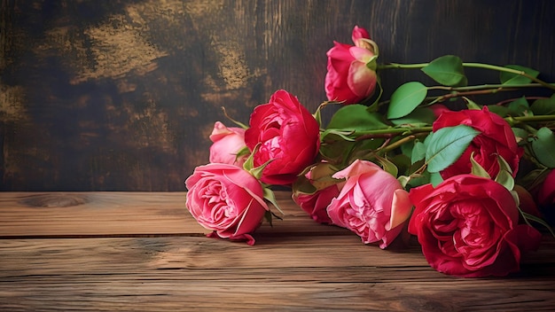 Un ramo de rosas rosas en una mesa de madera