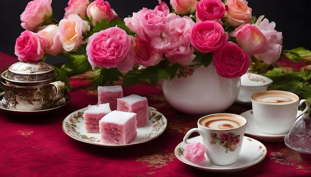 un ramo de rosas rosas y una taza de café