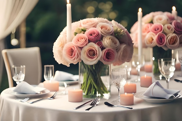 Un ramo de rosas rosas con velas en un jarrón.