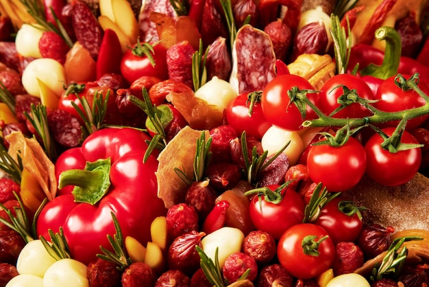 Foto ramo de salchichas de diferentes tipos pan de queso y tomates decorados con romero y peppe