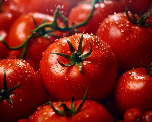 Ramo de tomates frescos con gotas de agua sobre un fondo negro