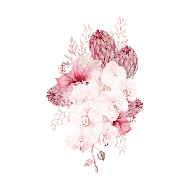 Ramo tropical rosa acuarela con flores exóticas orquídea protea hibisco y hojas