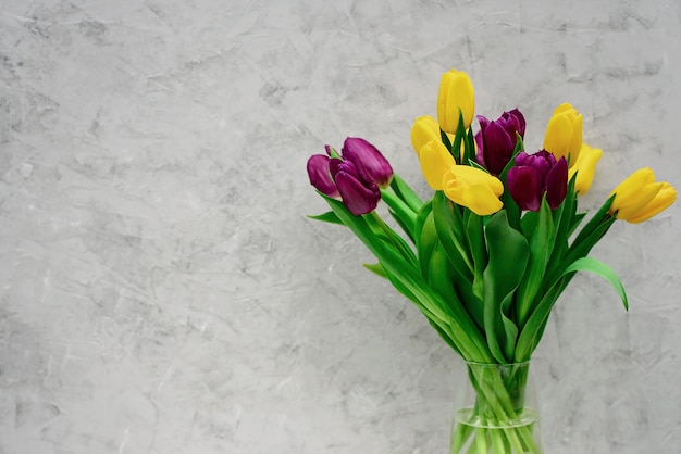 El ramo de tulipán púrpura y amarillo de la primavera florece en un florero de cristal.