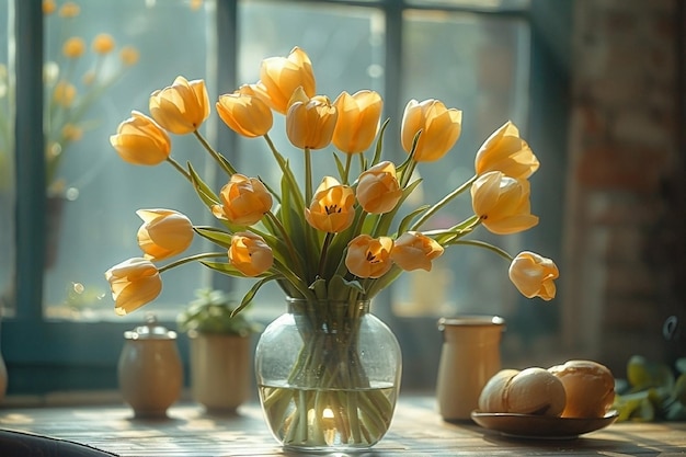 Un ramo de tulipanes amarillos en un jarrón cerca de la ventana