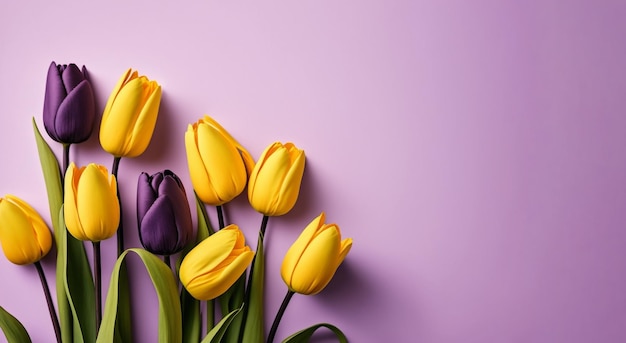 Ramo de tulipanes amarillos y morados sobre fondo pastel Día de la madre Día de San Valentín Concepto de celebración de cumpleaños Tarjeta de felicitación Copiar espacio para la vista superior del texto