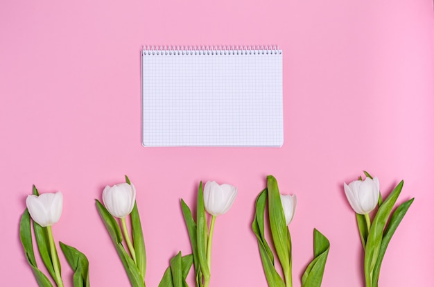 Un ramo de tulipanes blancos con un cuaderno en blanco para notas sobre una mesa. Concepto de primavera, plano, espacio de copia, lugar para el texto.