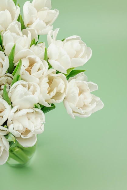 Foto un ramo de tulipanes blancos en un fondo verde pastel en flor