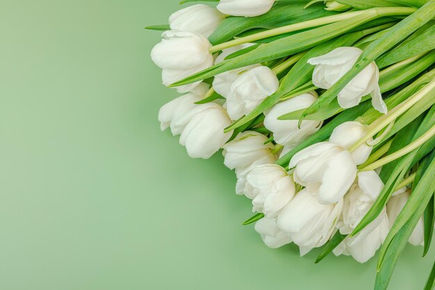 Foto un ramo de tulipanes blancos en un fondo verde pastel en flor