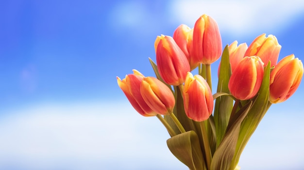 Ramo de tulipanes cerrar espacio de copia de fondo de cielo azul