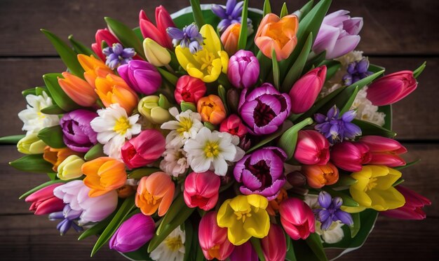 Un ramo de tulipanes de colores brillantes en una mesa