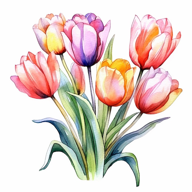 Un ramo de tulipanes de colores sobre un fondo blanco.