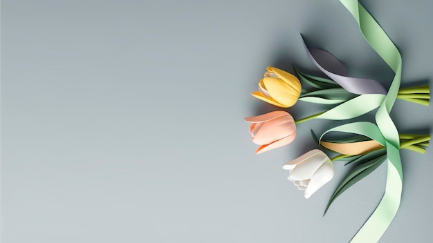 Un ramo de tulipanes de colores sobre un fondo gris