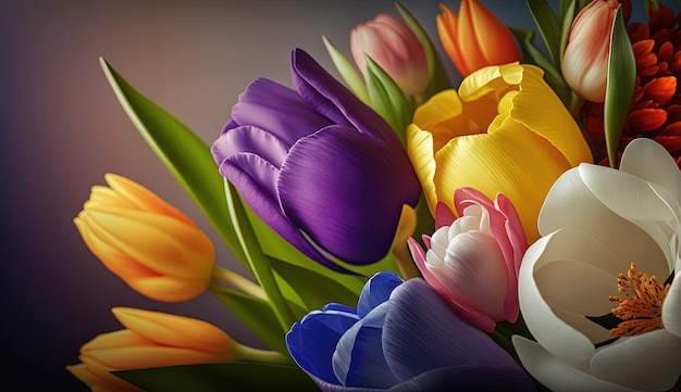 Un ramo de tulipanes de colores sobre un fondo negro AI generativa