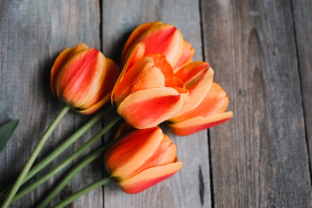 Foto ramo de tulipanes de colores sobre la mesa de madera vieja. vista superior