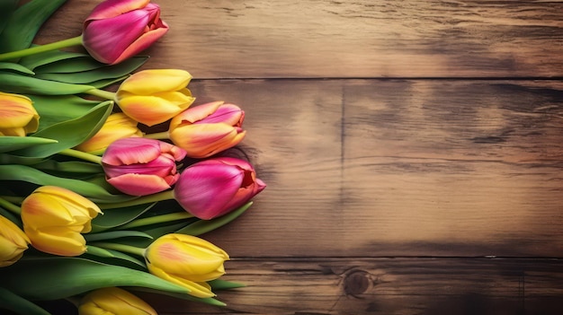 Un ramo de tulipanes de colores sobre una mesa de madera