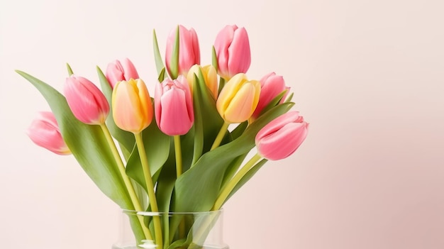 Ramo de tulipanes coloridos Flores festivas sobre un fondo rosa Día de la madre de Pascua Día de la mujer