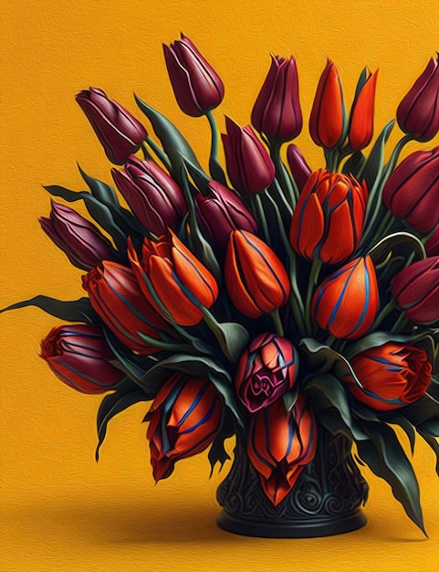 Ramo de tulipanes en un dibujo de pintura al óleo florero