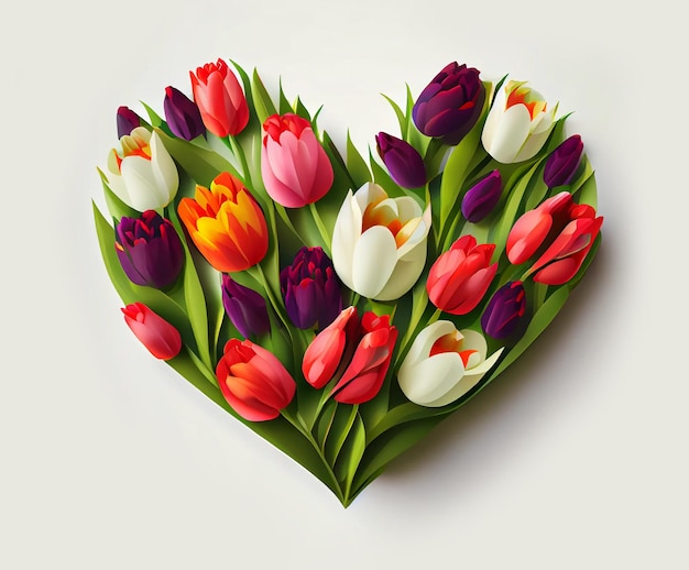 Ramo de tulipanes dispuestos en forma de corazón sobre un fondo blanco.
