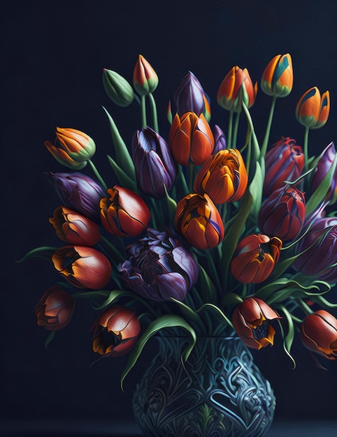 Ramo de tulipanes en un florero pintura al óleo dibujo AI generativa