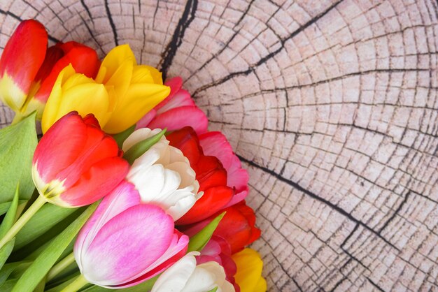 Un ramo de tulipanes frescos, brillantes y multicolores sobre tablas de madera.