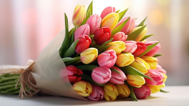 Ramo de tulipanes frescos en rojo rosado y amarillo envueltos en una tela delicada