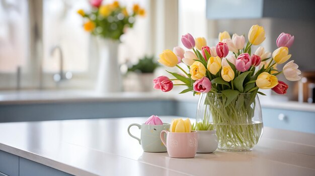 Ramo de tulipanes y huevos de Pascua en la mesa