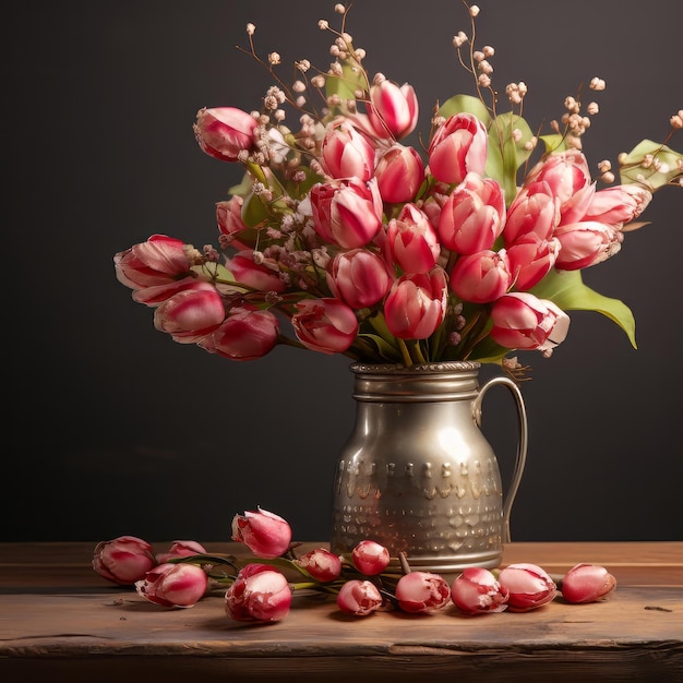 Un ramo de tulipanes con la inscripción feliz marzo th día de la mujer día de la madre feliz pascua