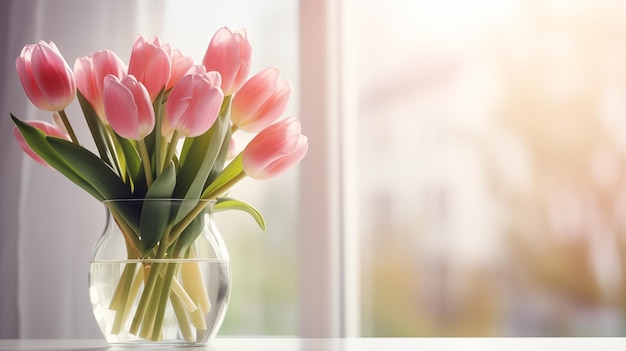 Ramo de tulipanes en un jarrón en el fondo de una ventana con luz solar con espacio de copia como una fiesta
