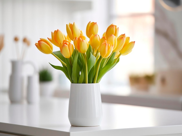 Ramo de tulipanes en jarrón sobre la mesa en la habitación