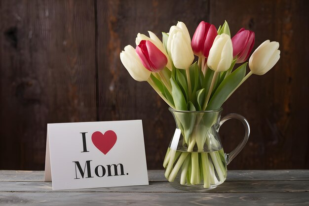 Ramo de tulipanes en un jarrón con la tarjeta de "Amo a mamá"