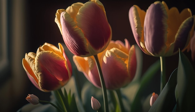Un ramo de tulipanes con la luz brillando sobre ellos.