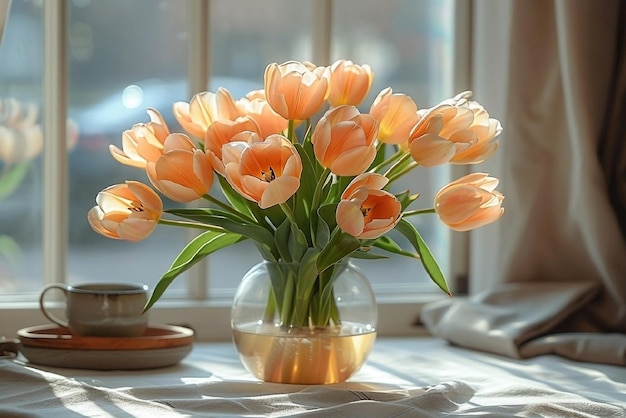 Foto un ramo de tulipanes de melocotón en un jarrón cerca de la ventana