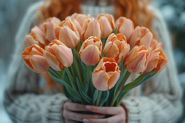 Un ramo de tulipanes de melocotón en manos femeninas