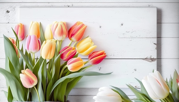 Un ramo de tulipanes en una mesa de madera blanca.