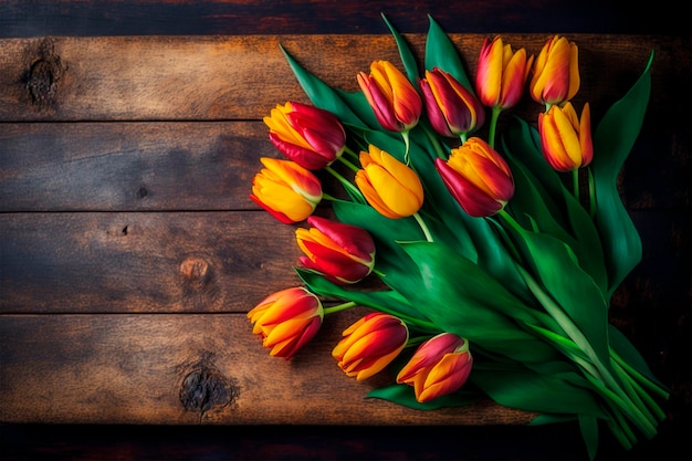 Un ramo de tulipanes en una mesa de madera