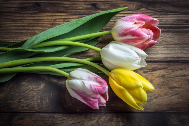 Un ramo de tulipanes en una mesa de madera