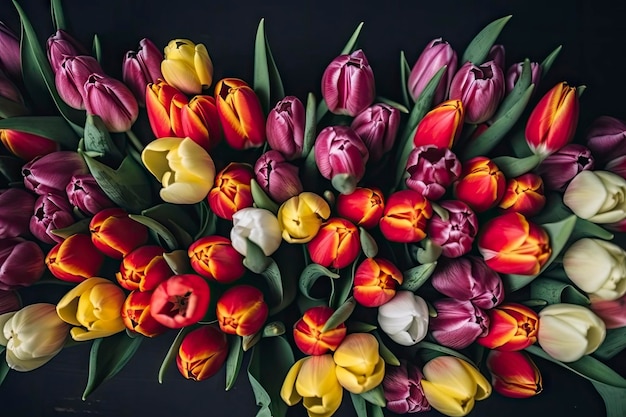 Ramo de tulipanes en una mesa rústica de madera vacaciones de primavera concepto fondo ai generativo