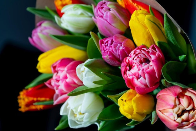 Foto ramo de tulipanes multicolores primer plano flores brillantes de primavera flor de tulipán concepto de felicitación postal de estado de ánimo floral