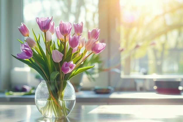 Un ramo de tulipanes púrpuras en un vaso transparente de vidrio de primer plano en una mesa sobre un fondo borroso