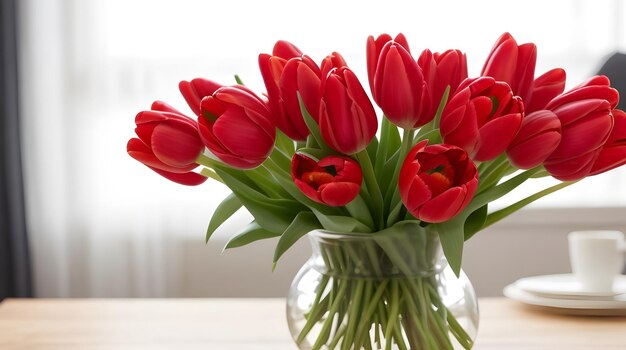 Foto ramo de tulipanes rojos en un jarrón en la mesa