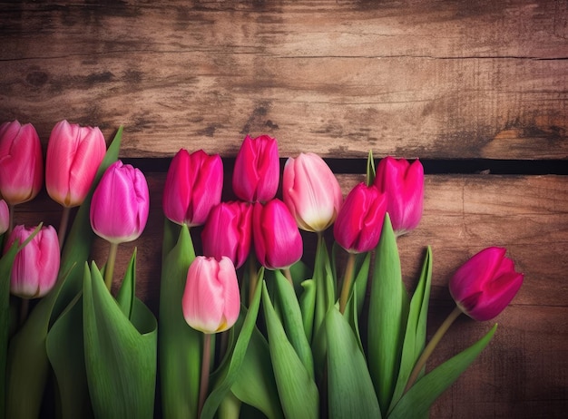 Ramo de tulipanes rojos sobre un fondo de madera Flores de primavera Fondo del día de la madre