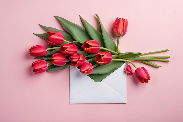 Ramo de tulipanes rojos en un sobre sobre un fondo rosado