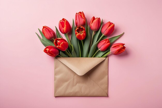 Ramo de tulipanes rojos en un sobre sobre un fondo rosado