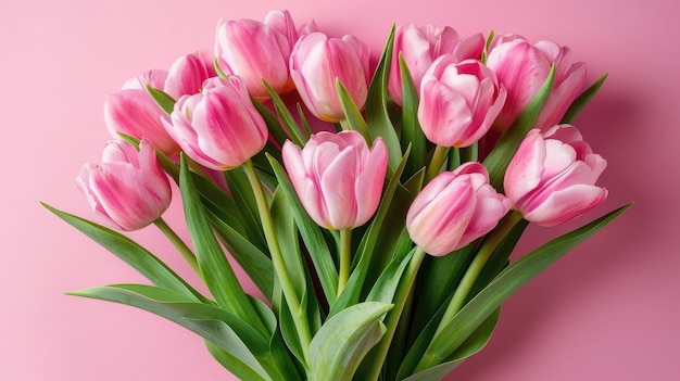 Ramo de tulipanes rosados sobre fondo rosado Día de la Madre Día de San Valentín Concepto de celebración de cumpleaños Tarjeta de felicitación Copiar espacio para el texto vista superior