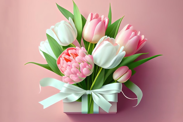 Ramo de tulipanes rosados con voxes de regalo sobre flores de fondo blanco para el día de san valentín como presente Generativo Ai