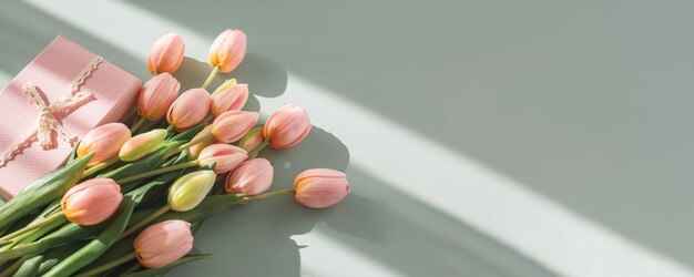 Ramo de tulipanes rosas y caja de regalo aislado sobre fondo verde con sombra. Flores de primavera. Tarjeta de felicitación para cumpleaños, mujer, día de la madre, boda, día de San Valentín. Endecha plana. Copie el espacio. Bandera