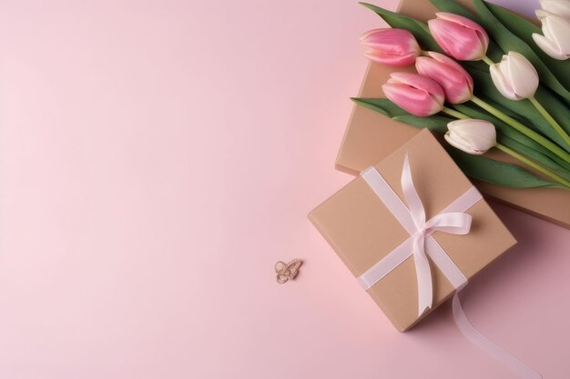 Foto un ramo de tulipanes rosas y una caja de regalo sobre un fondo rosa