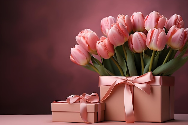 Ramo de tulipanes rosas y caja de regalo sobre fondo rosa