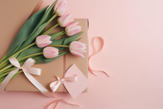 Ramo de tulipanes rosas con caja de regalo y tarjeta de felicitación sobre fondo rosa IA generativa