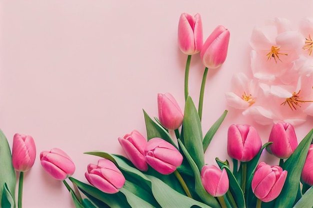 Ramo de tulipanes rosas flores fondo rosa Valentine39s DayCumpleaños Happy Women39s Mother39s Day